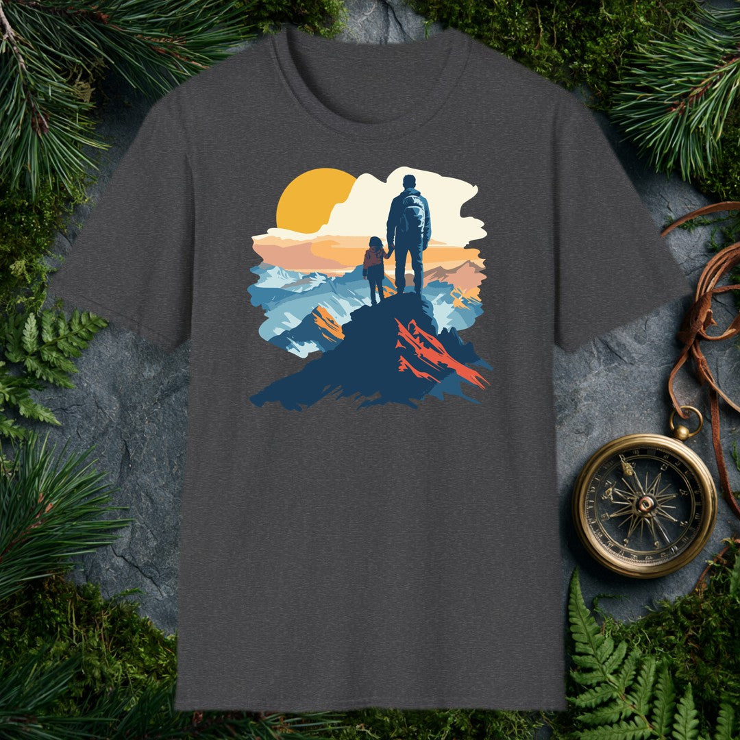 vector illustration of adult and child holding hands on a mountain summit at golden sunrise, blue peaks behind them