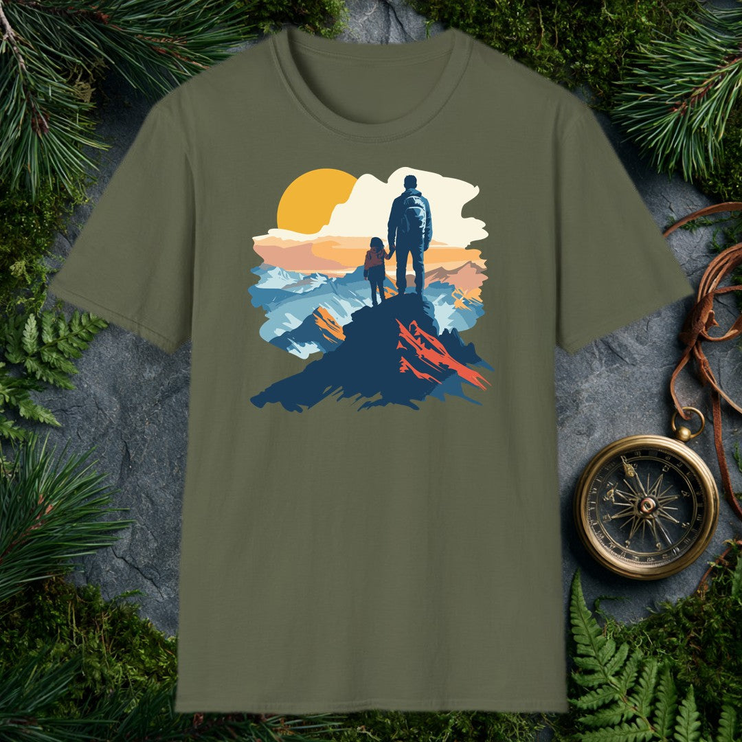 vector illustration of adult and child holding hands on a mountain summit at golden sunrise, blue peaks behind them