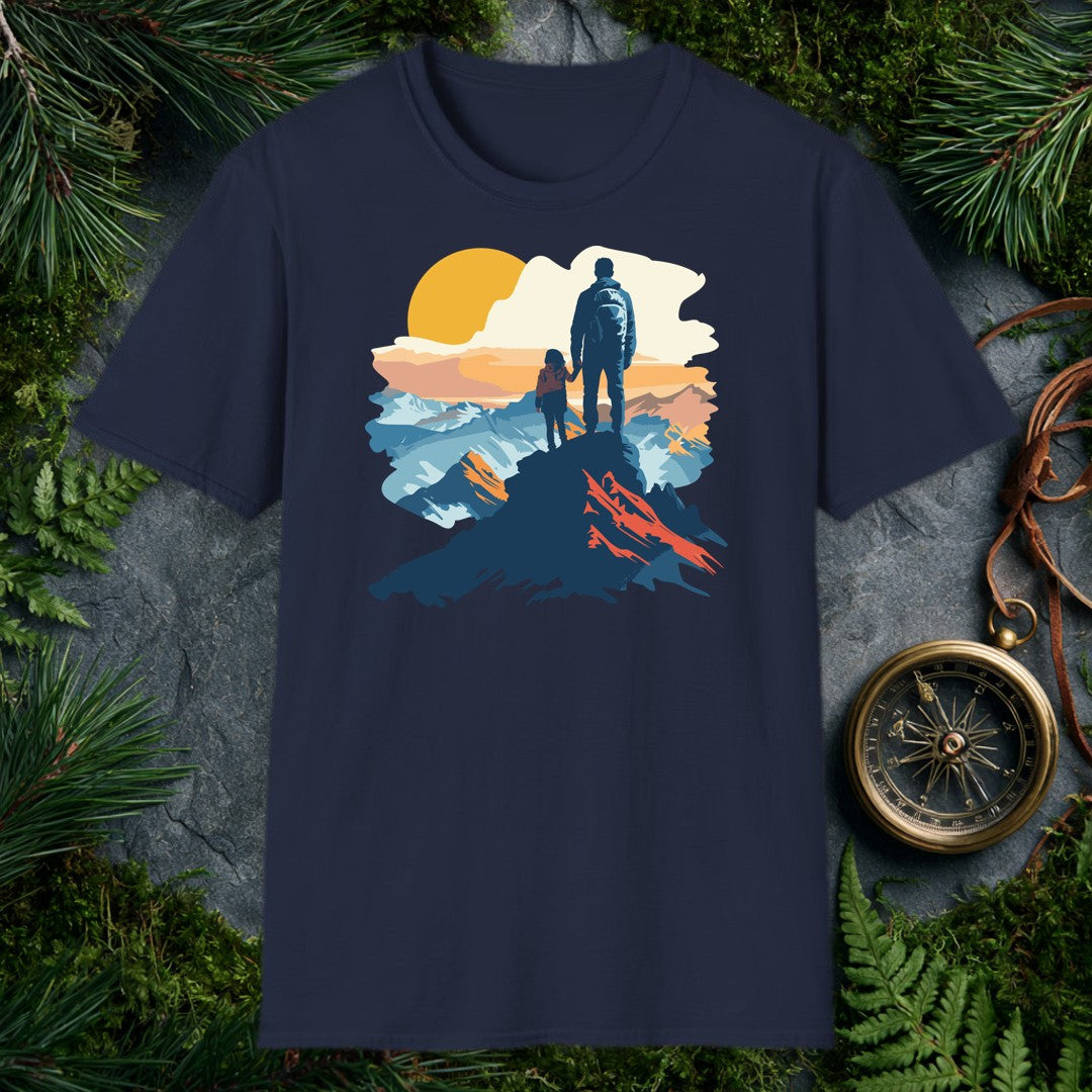 vector illustration of adult and child holding hands on a mountain summit at golden sunrise, blue peaks behind them