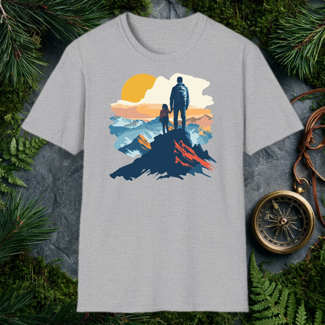 vector illustration of adult and child holding hands on a mountain summit at golden sunrise, blue peaks behind them