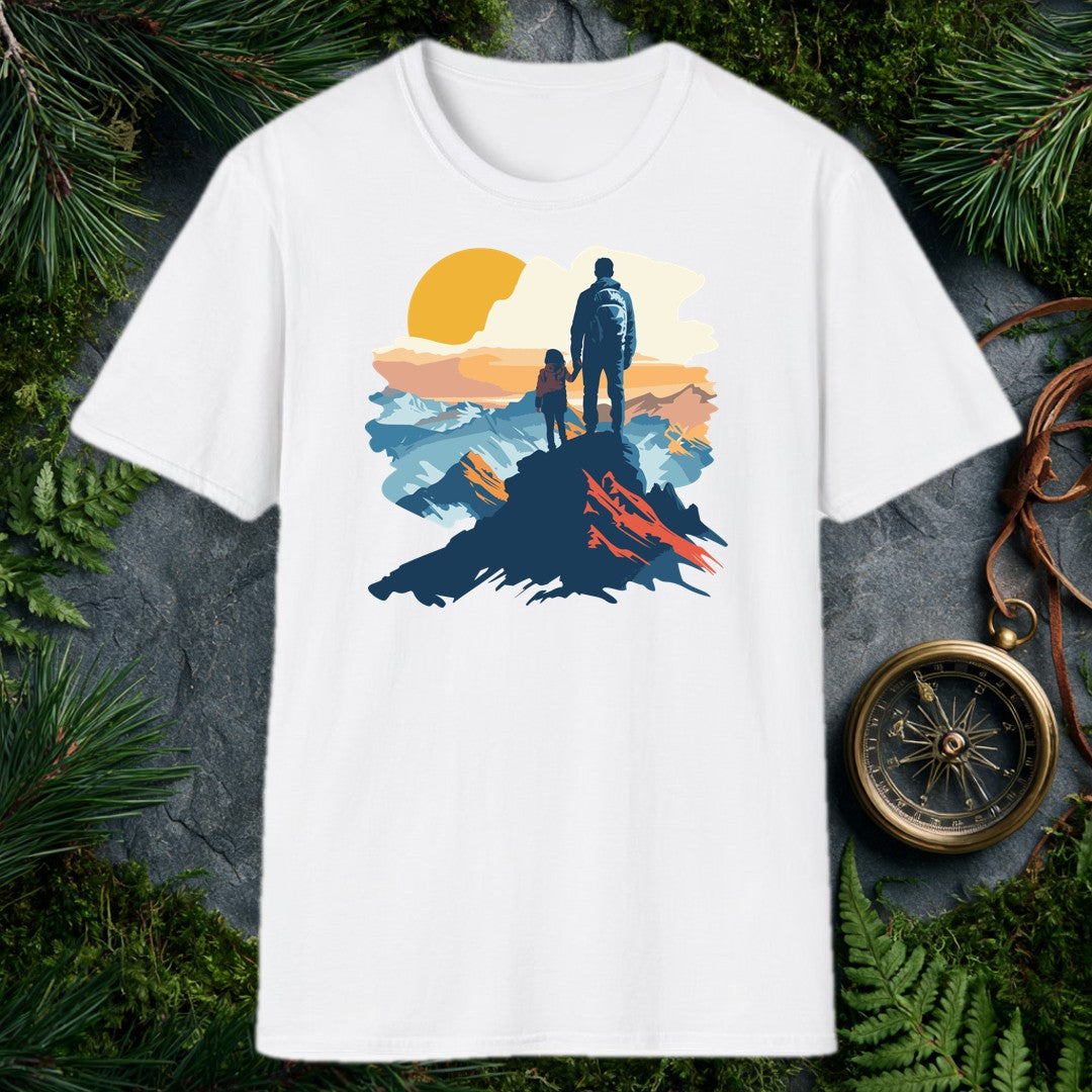 vector illustration of adult and child holding hands on a mountain summit at golden sunrise, blue peaks behind them