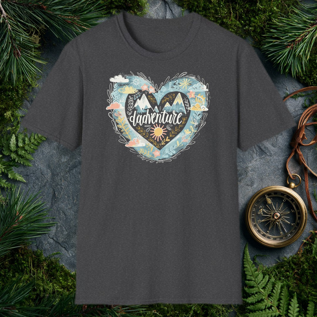 Snow-capped peaks rise inside a layered heart ringed with golden botanicals, a painted sun, and soft watercolor skies — the kind of scene a dad who'd rather be…