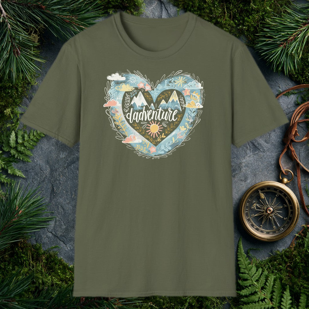 Snow-capped peaks rise inside a layered heart ringed with golden botanicals, a painted sun, and soft watercolor skies — the kind of scene a dad who'd rather be…