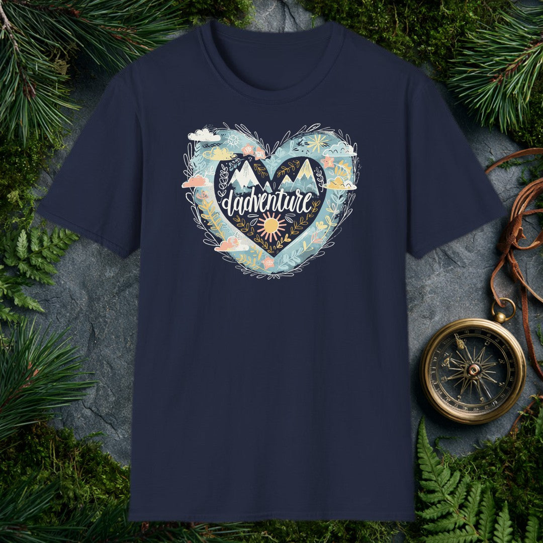 Snow-capped peaks rise inside a layered heart ringed with golden botanicals, a painted sun, and soft watercolor skies — the kind of scene a dad who'd rather be…