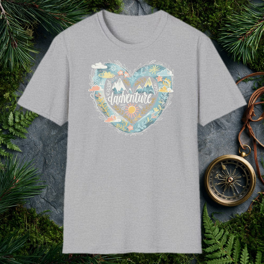 Snow-capped peaks rise inside a layered heart ringed with golden botanicals, a painted sun, and soft watercolor skies — the kind of scene a dad who'd rather be…