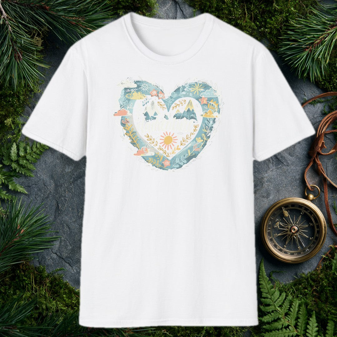 Snow-capped peaks rise inside a layered heart ringed with golden botanicals, a painted sun, and soft watercolor skies — the kind of scene a dad who'd rather be…