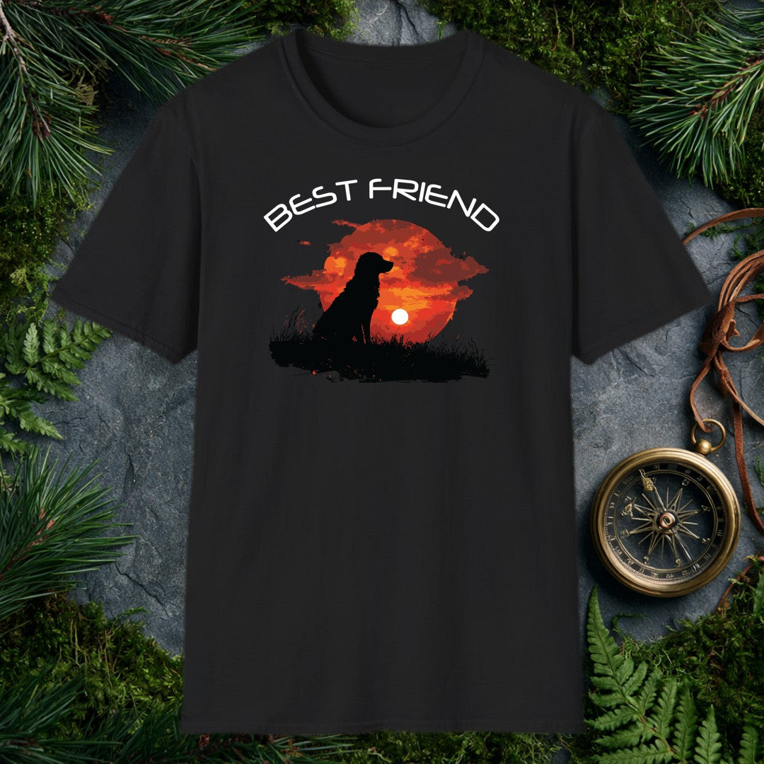 A silhouette of a long-haired dog sits in tall grass, watching the sun sink into a deep red sky — painted in brushy oranges and dark clouds. It's for anyone…