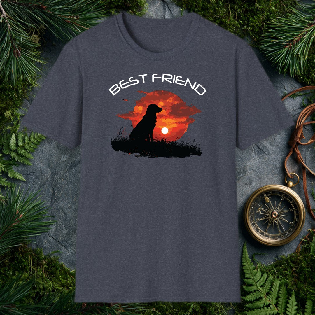 A silhouette of a long-haired dog sits in tall grass, watching the sun sink into a deep red sky — painted in brushy oranges and dark clouds. It's for anyone…