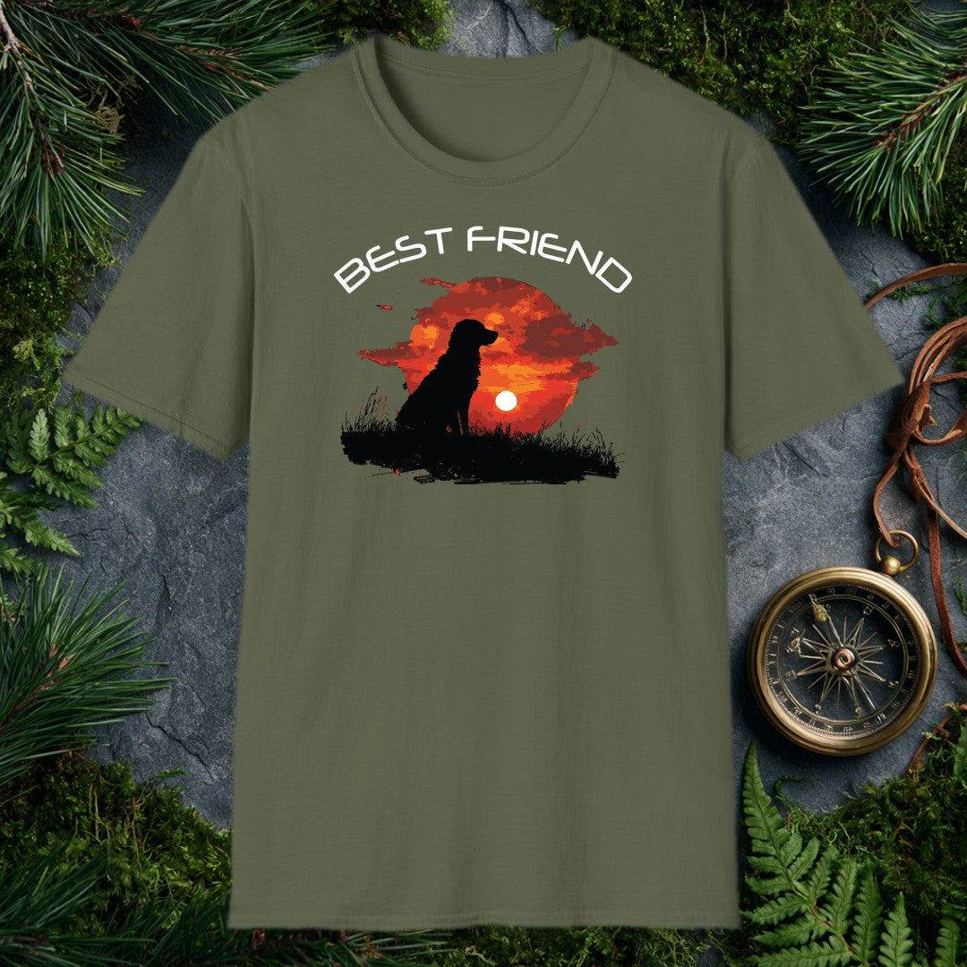 A silhouette of a long-haired dog sits in tall grass, watching the sun sink into a deep red sky — painted in brushy oranges and dark clouds. It's for anyone…