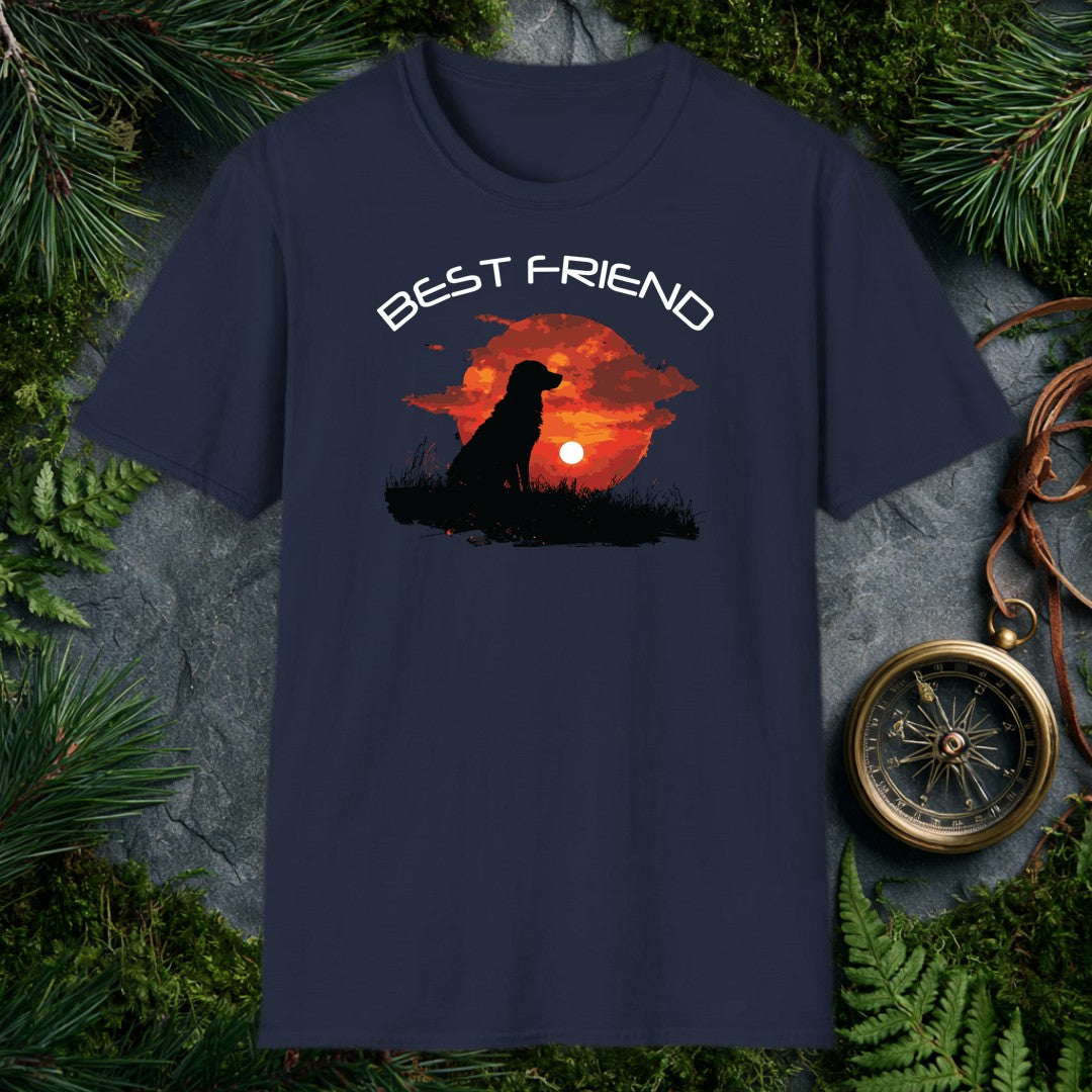A silhouette of a long-haired dog sits in tall grass, watching the sun sink into a deep red sky — painted in brushy oranges and dark clouds. It's for anyone…