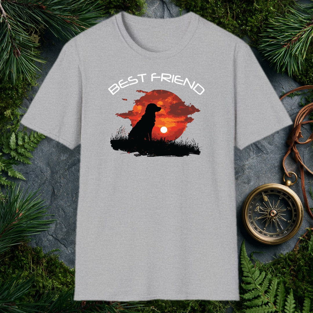 A silhouette of a long-haired dog sits in tall grass, watching the sun sink into a deep red sky — painted in brushy oranges and dark clouds. It's for anyone…