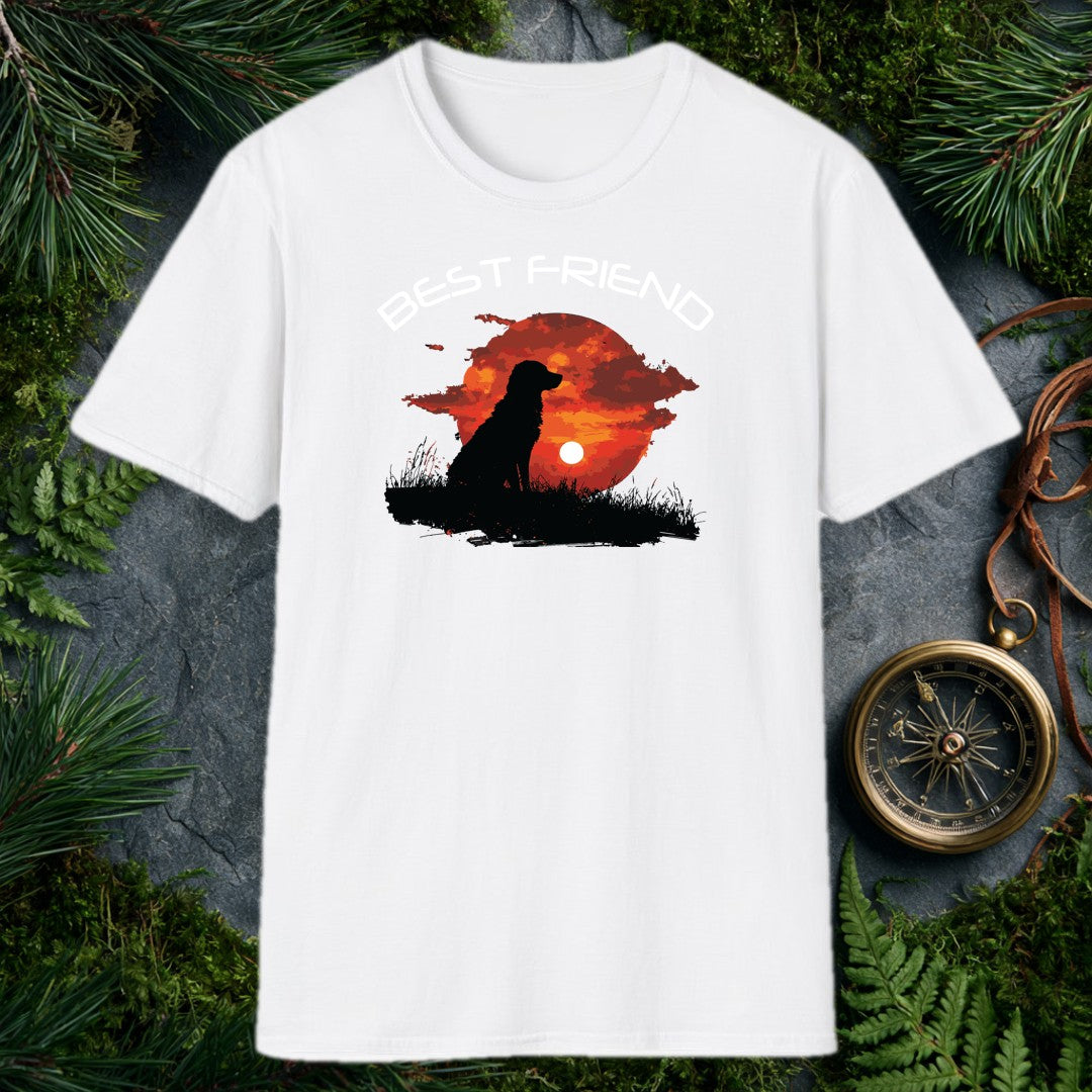 A silhouette of a long-haired dog sits in tall grass, watching the sun sink into a deep red sky — painted in brushy oranges and dark clouds. It's for anyone…