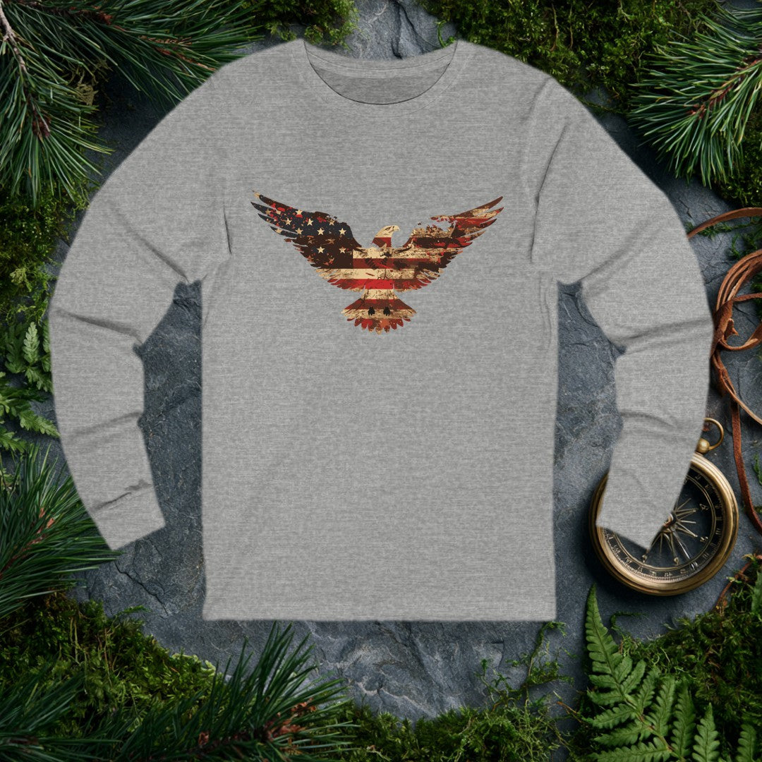 A bald eagle soars wings-wide, its feathers painted in the worn red, white, and blue of an aged American flag — stars scattered across one wing, stripes…