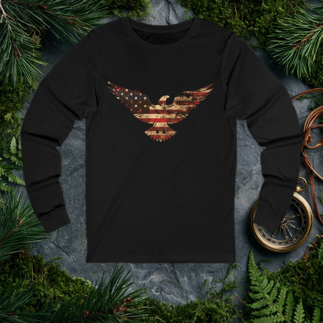 A bald eagle soars wings-wide, its feathers painted in the worn red, white, and blue of an aged American flag — stars scattered across one wing, stripes…