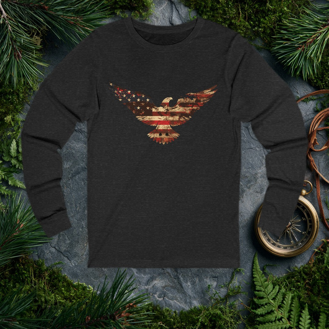 A bald eagle soars wings-wide, its feathers painted in the worn red, white, and blue of an aged American flag — stars scattered across one wing, stripes…
