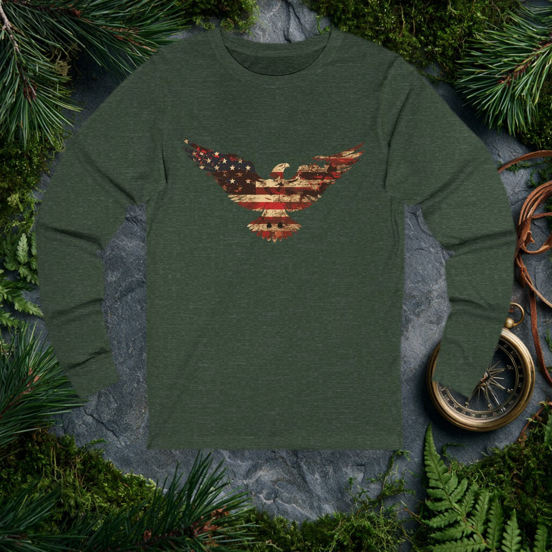 A bald eagle soars wings-wide, its feathers painted in the worn red, white, and blue of an aged American flag — stars scattered across one wing, stripes…