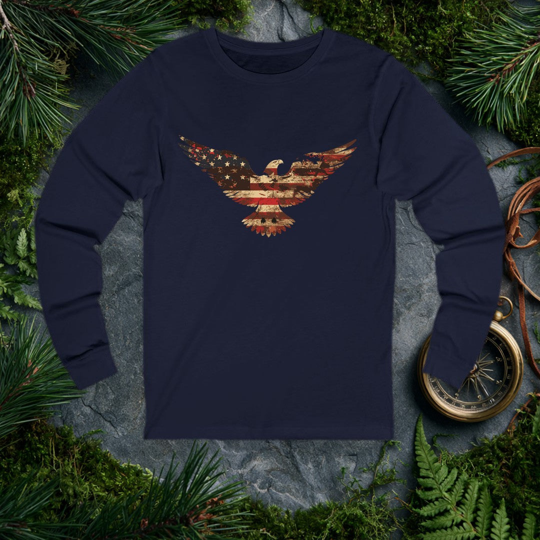 A bald eagle soars wings-wide, its feathers painted in the worn red, white, and blue of an aged American flag — stars scattered across one wing, stripes…