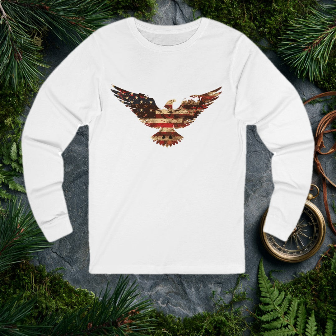 A bald eagle soars wings-wide, its feathers painted in the worn red, white, and blue of an aged American flag — stars scattered across one wing, stripes…
