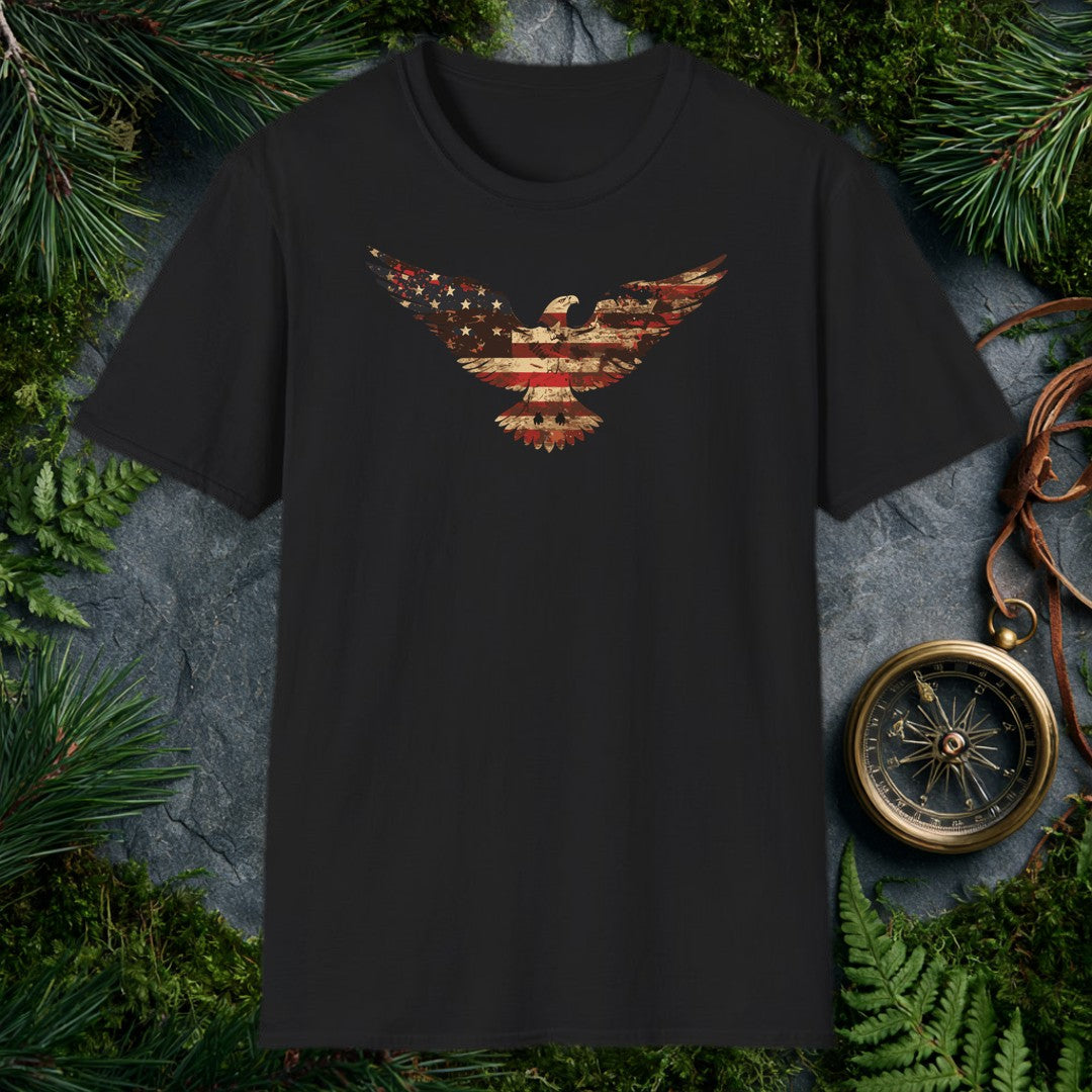 A bald eagle soars wings-wide, its feathers painted in the worn red, white, and blue of an aged American flag — stars scattered across one wing, stripes…