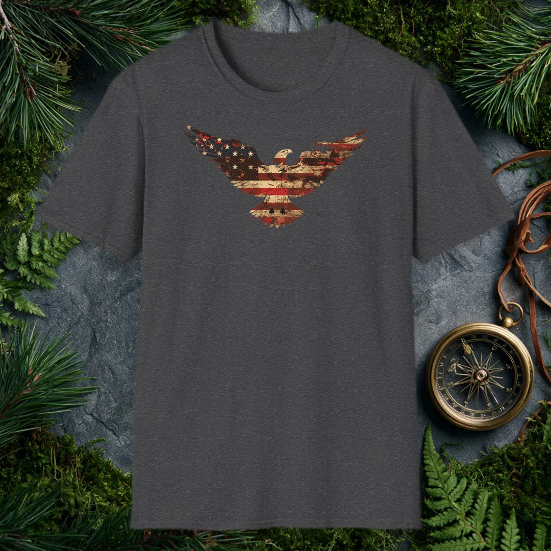 A bald eagle soars wings-wide, its feathers painted in the worn red, white, and blue of an aged American flag — stars scattered across one wing, stripes…