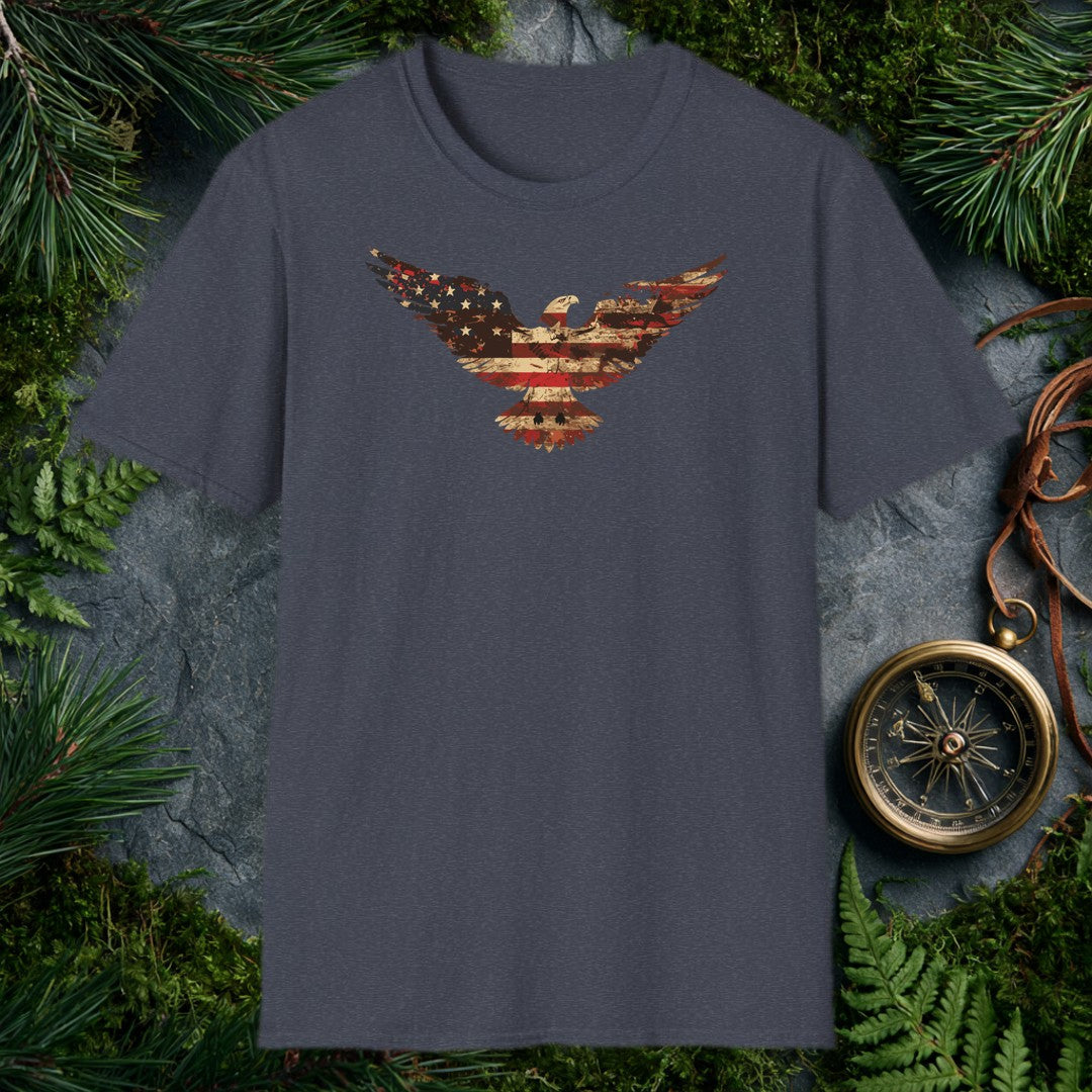 A bald eagle soars wings-wide, its feathers painted in the worn red, white, and blue of an aged American flag — stars scattered across one wing, stripes…