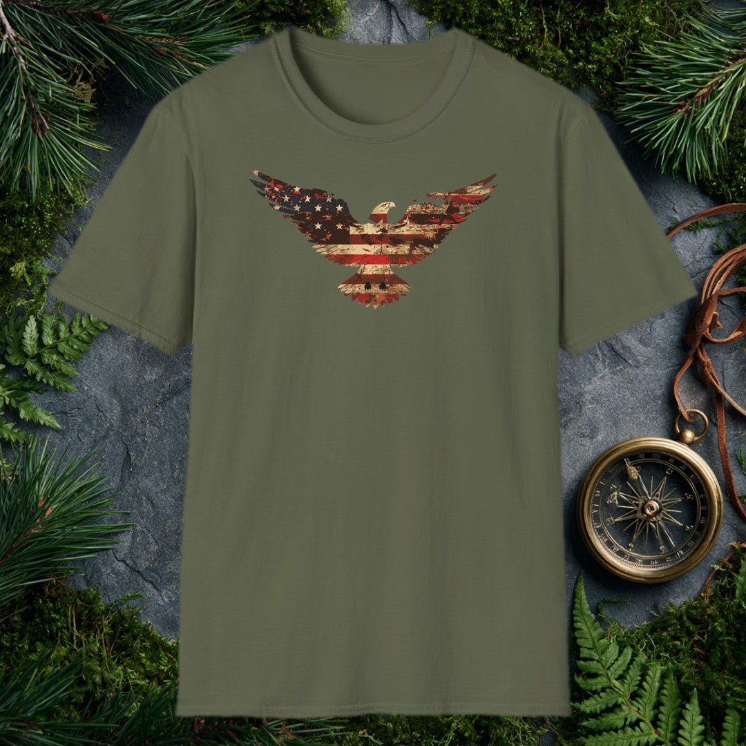 A bald eagle soars wings-wide, its feathers painted in the worn red, white, and blue of an aged American flag — stars scattered across one wing, stripes…