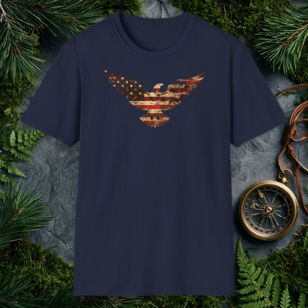 A bald eagle soars wings-wide, its feathers painted in the worn red, white, and blue of an aged American flag — stars scattered across one wing, stripes…
