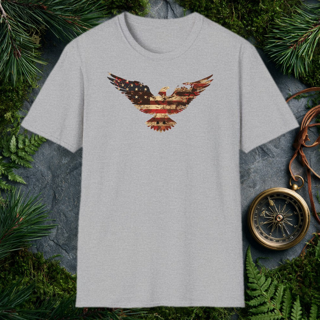 A bald eagle soars wings-wide, its feathers painted in the worn red, white, and blue of an aged American flag — stars scattered across one wing, stripes…