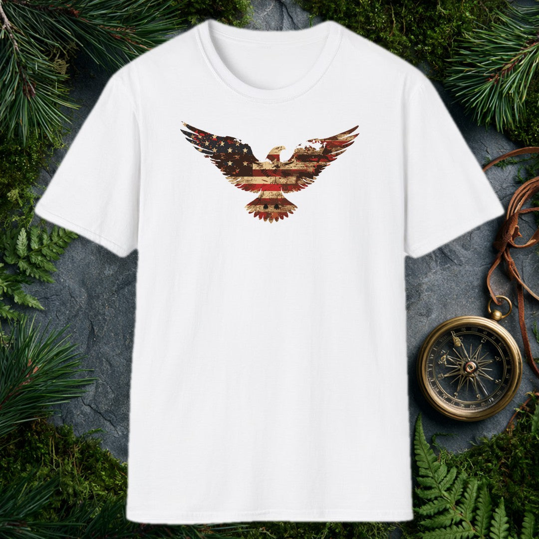 A bald eagle soars wings-wide, its feathers painted in the worn red, white, and blue of an aged American flag — stars scattered across one wing, stripes…