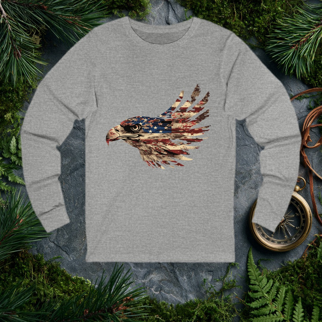 A bald eagle's profile emerges from the red, white, and blue of the American flag — stars across the crown, stripes sweeping back into feathers. It's for the…