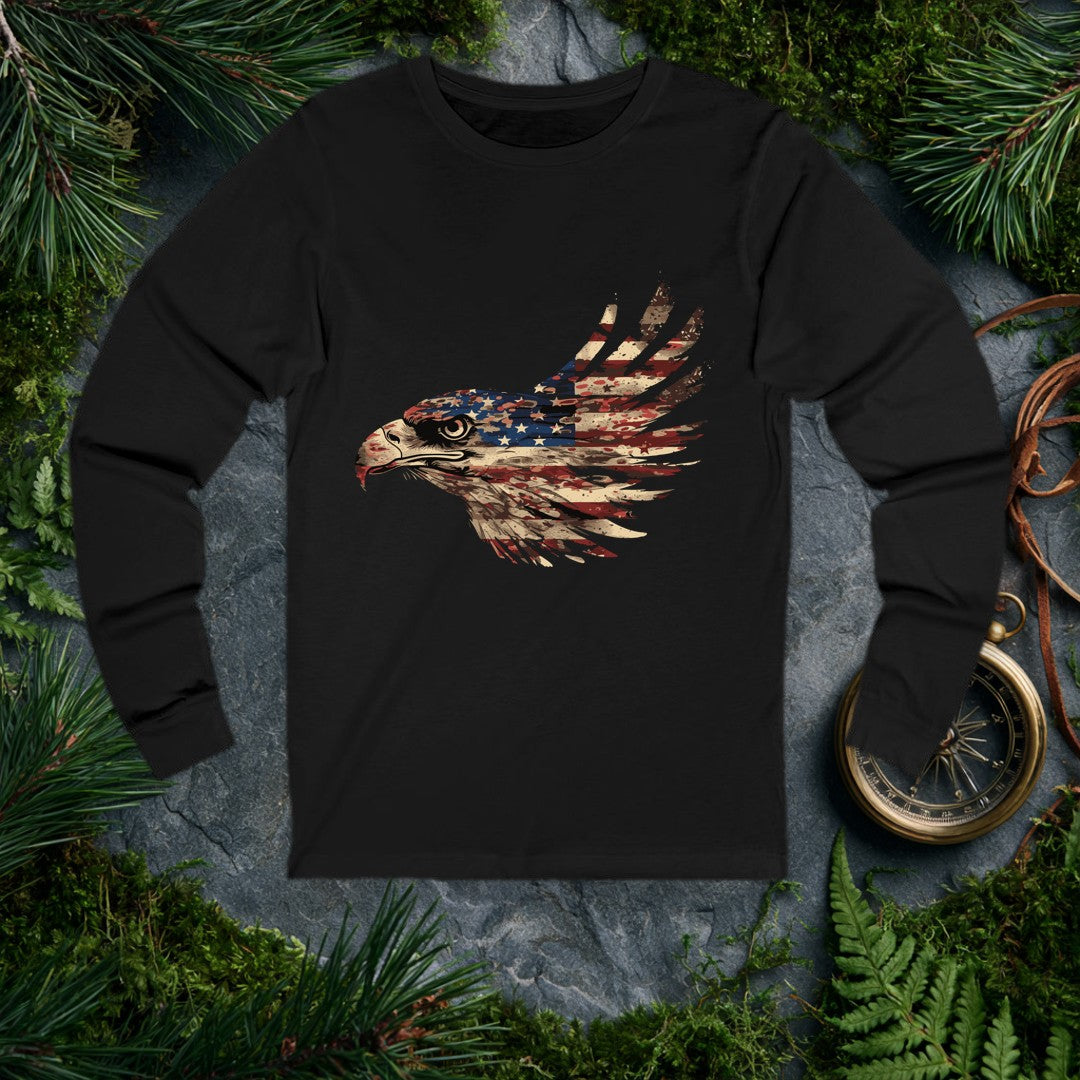 A bald eagle's profile emerges from the red, white, and blue of the American flag — stars across the crown, stripes sweeping back into feathers. It's for the…