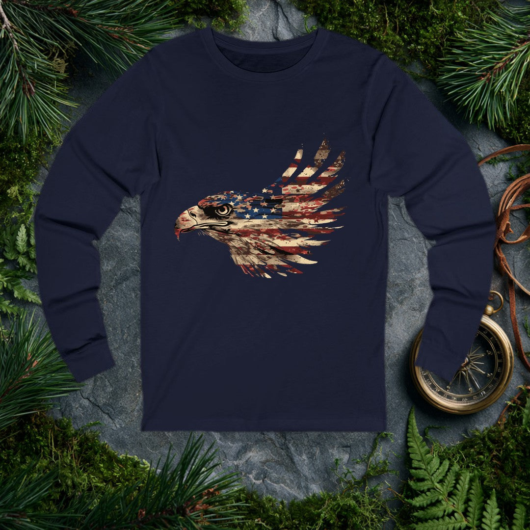 A bald eagle's profile emerges from the red, white, and blue of the American flag — stars across the crown, stripes sweeping back into feathers. It's for the…