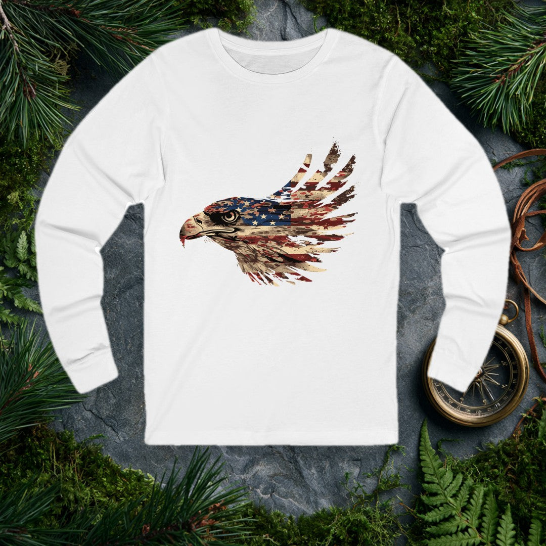 A bald eagle's profile emerges from the red, white, and blue of the American flag — stars across the crown, stripes sweeping back into feathers. It's for the…
