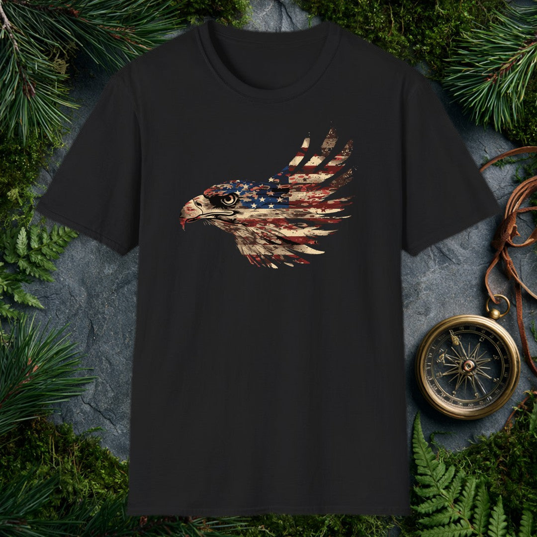 A bald eagle's profile emerges from the red, white, and blue of the American flag — stars across the crown, stripes sweeping back into feathers. It's for the…