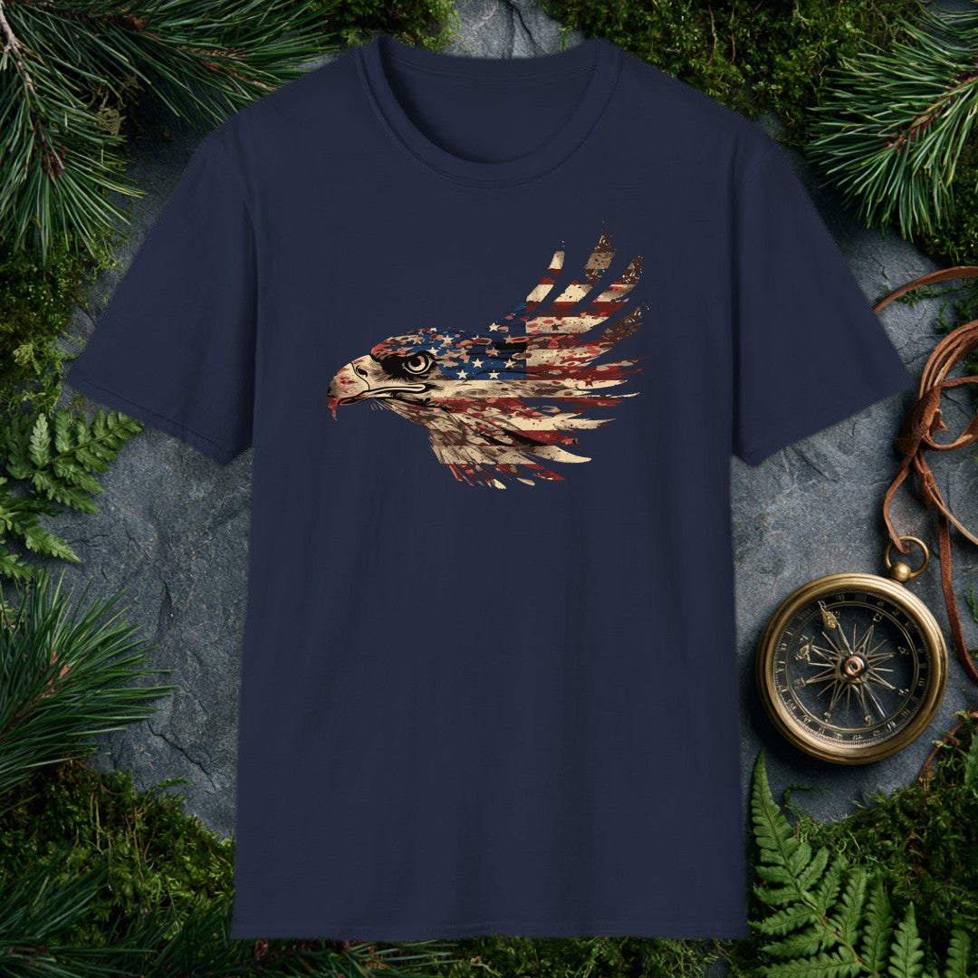 A bald eagle's profile emerges from the red, white, and blue of the American flag — stars across the crown, stripes sweeping back into feathers. It's for the…