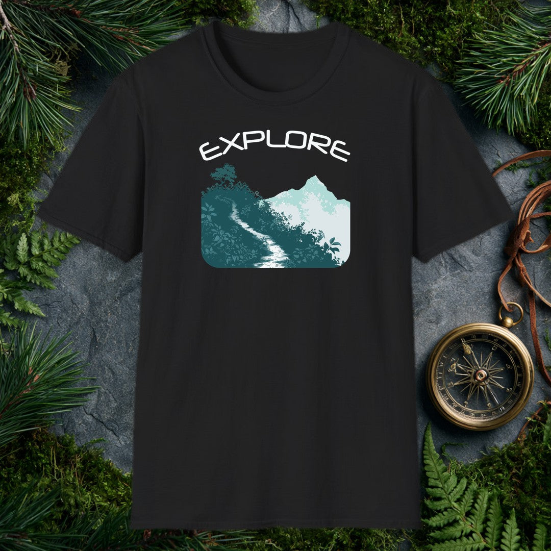 A winding trail cuts through dense teal foliage toward a mist-wrapped mountain peak, a lone tree silhouetted above the ridge — for the hiker who knows the path…