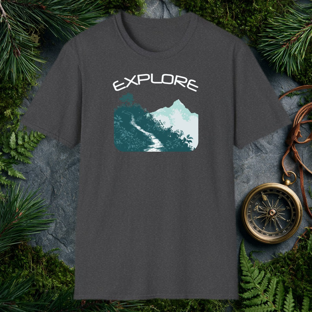 A winding trail cuts through dense teal foliage toward a mist-wrapped mountain peak, a lone tree silhouetted above the ridge — for the hiker who knows the path…