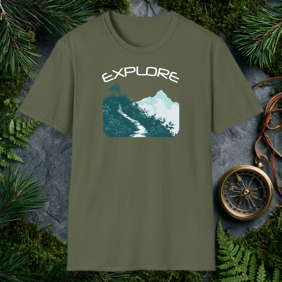 A winding trail cuts through dense teal foliage toward a mist-wrapped mountain peak, a lone tree silhouetted above the ridge — for the hiker who knows the path…