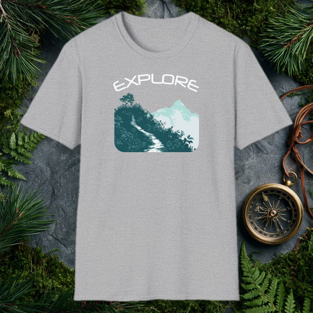 A winding trail cuts through dense teal foliage toward a mist-wrapped mountain peak, a lone tree silhouetted above the ridge — for the hiker who knows the path…