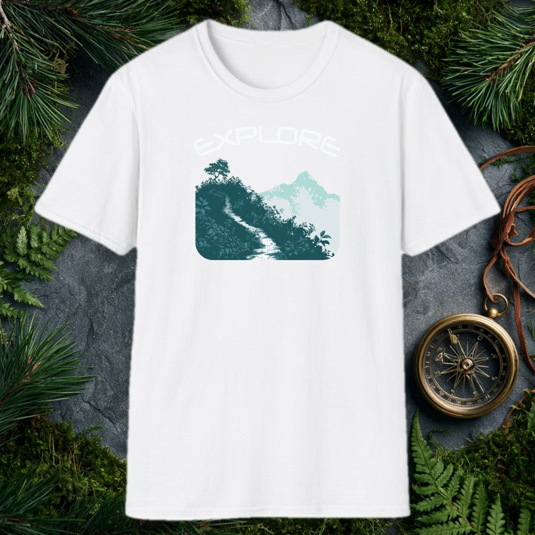 A winding trail cuts through dense teal foliage toward a mist-wrapped mountain peak, a lone tree silhouetted above the ridge — for the hiker who knows the path…
