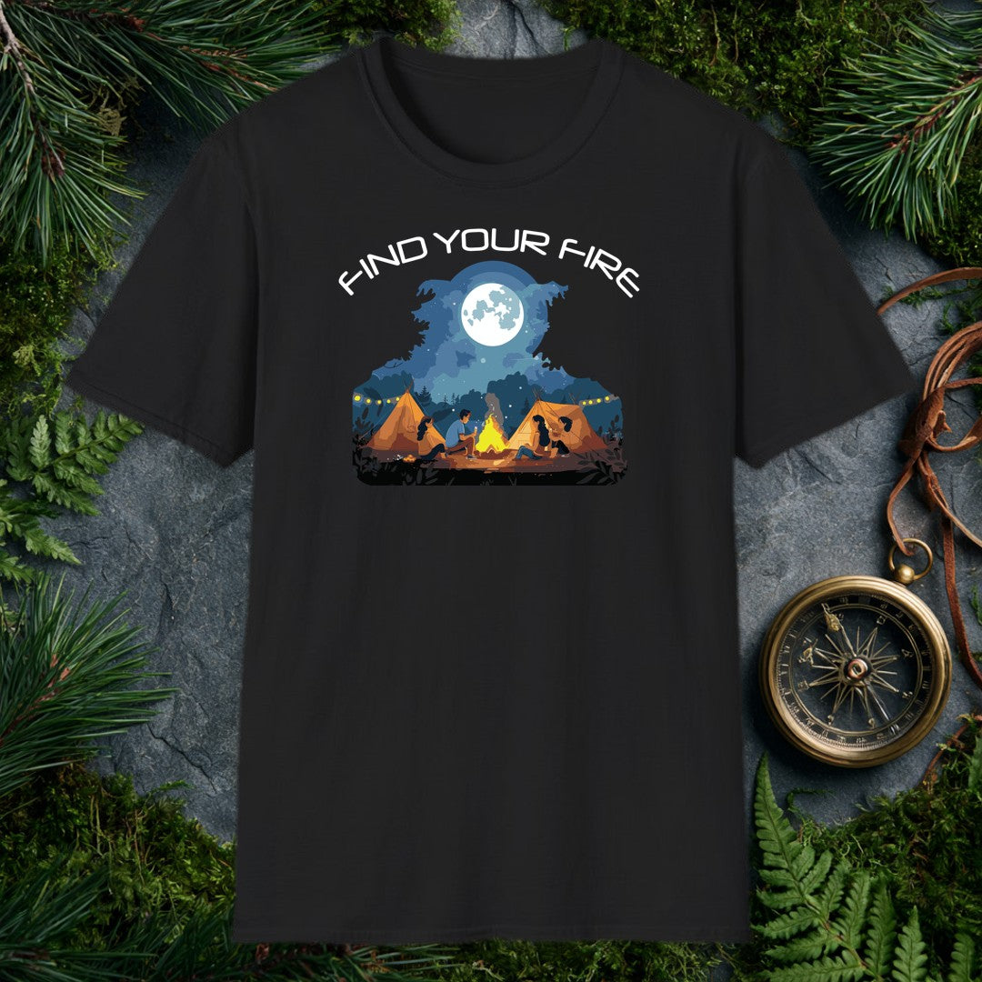 Four friends gathered around a crackling campfire, two canvas tents glowing warm behind them, a full moon rising over the pines — this one's for the person who…