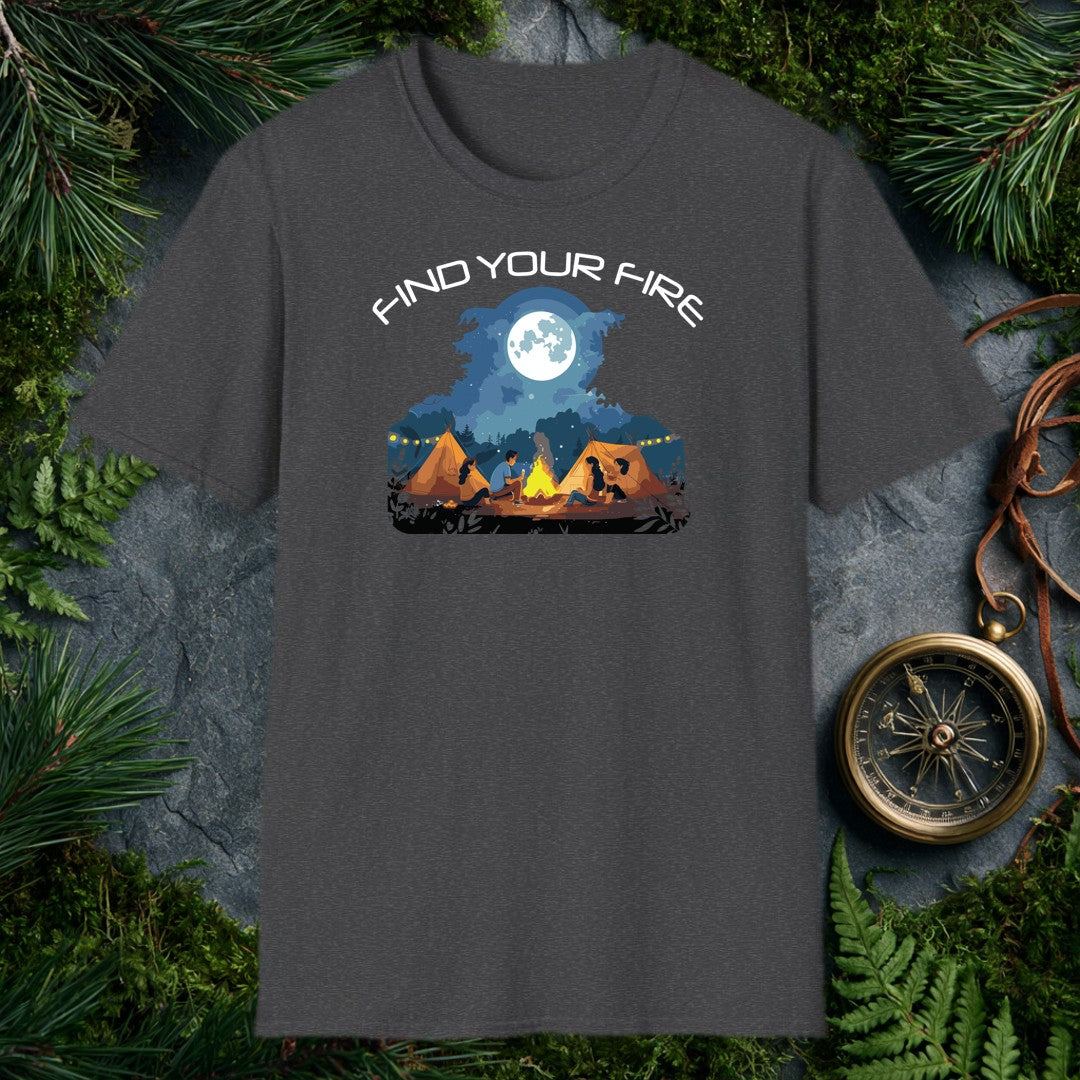 Four friends gathered around a crackling campfire, two canvas tents glowing warm behind them, a full moon rising over the pines — this one's for the person who…