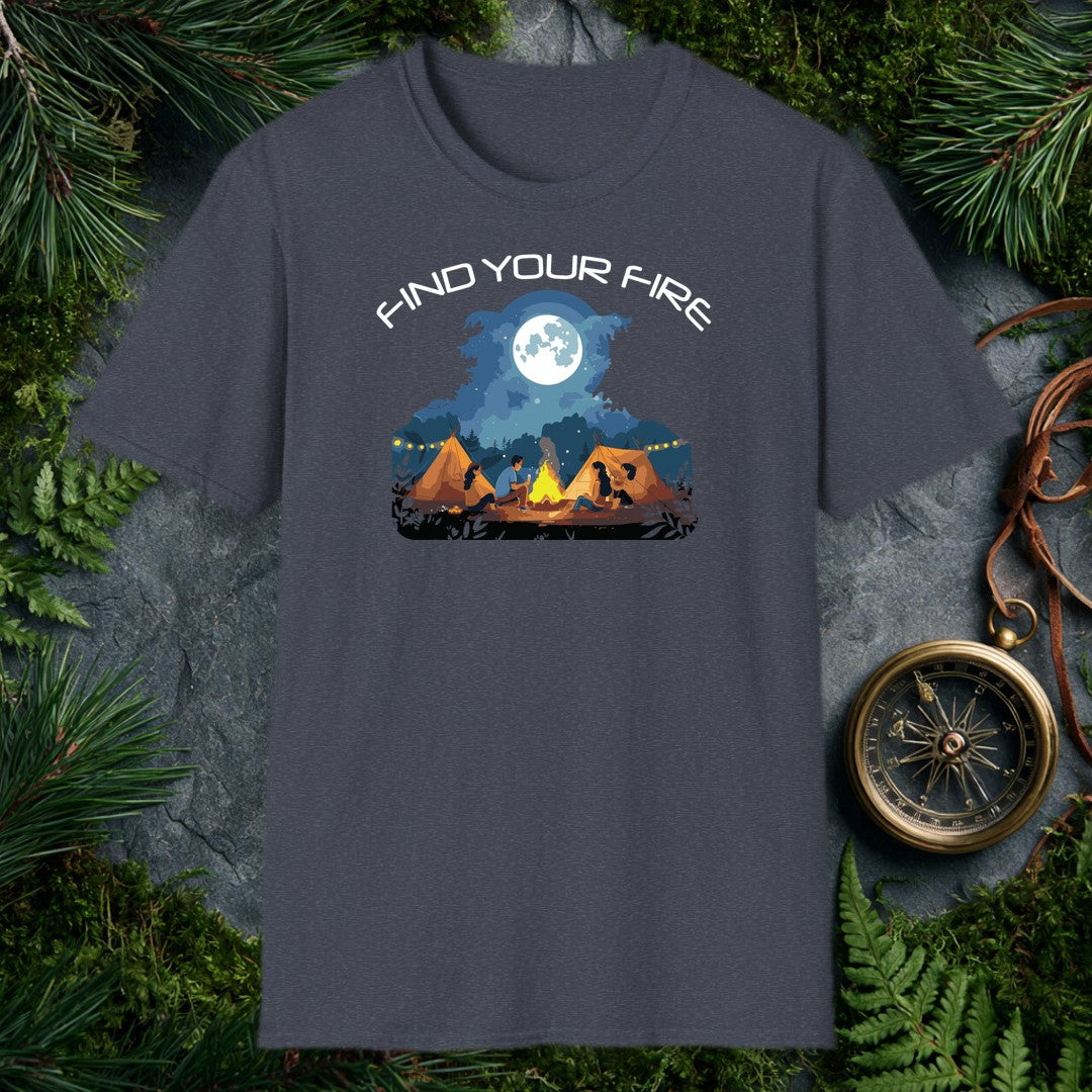 Four friends gathered around a crackling campfire, two canvas tents glowing warm behind them, a full moon rising over the pines — this one's for the person who…