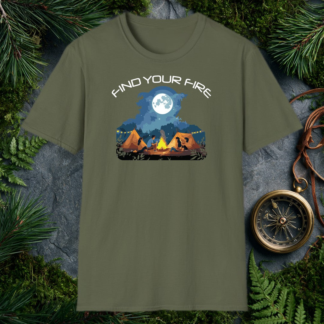 Four friends gathered around a crackling campfire, two canvas tents glowing warm behind them, a full moon rising over the pines — this one's for the person who…