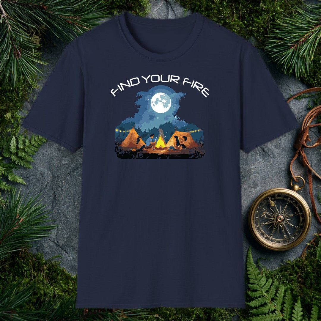 Four friends gathered around a crackling campfire, two canvas tents glowing warm behind them, a full moon rising over the pines — this one's for the person who…