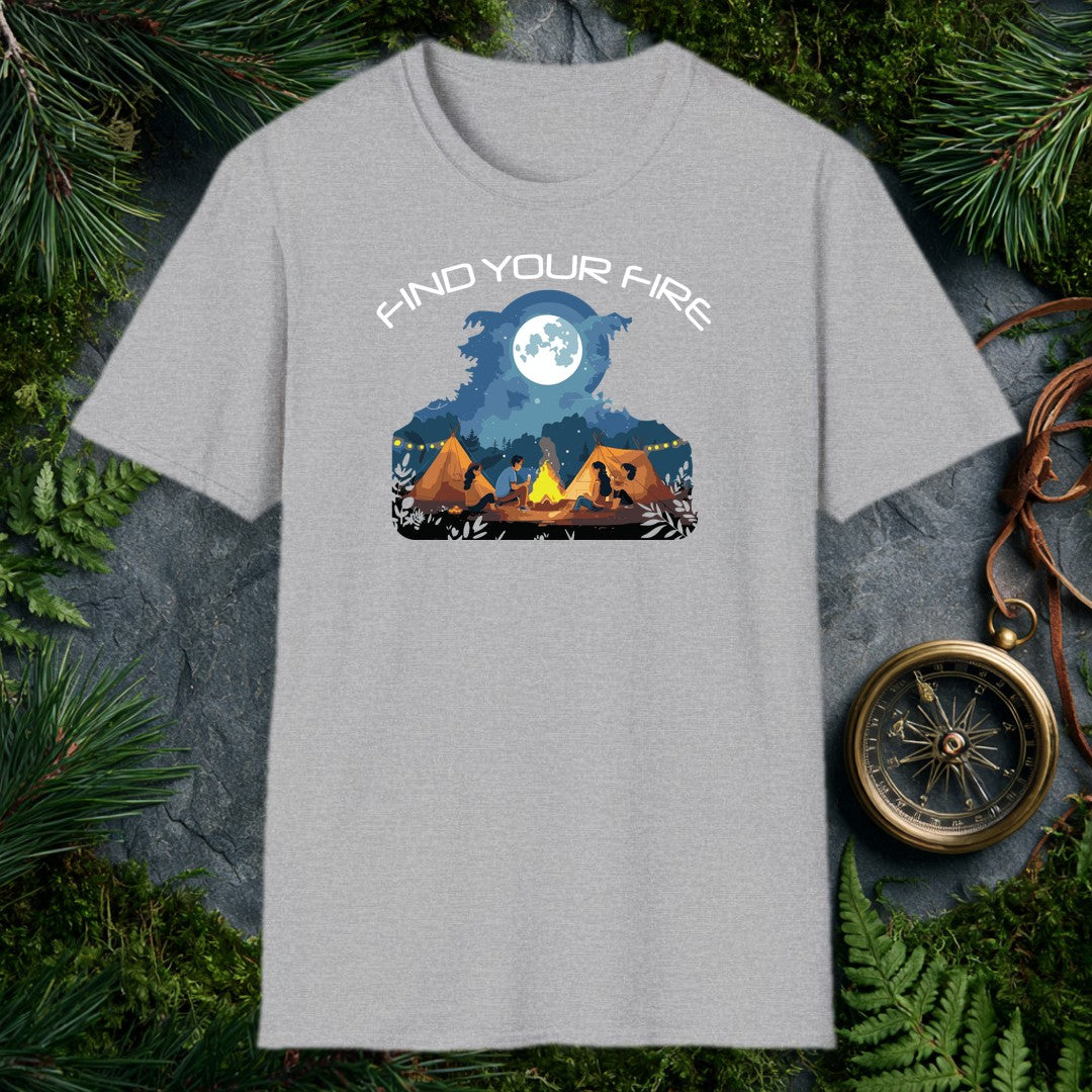 Four friends gathered around a crackling campfire, two canvas tents glowing warm behind them, a full moon rising over the pines — this one's for the person who…