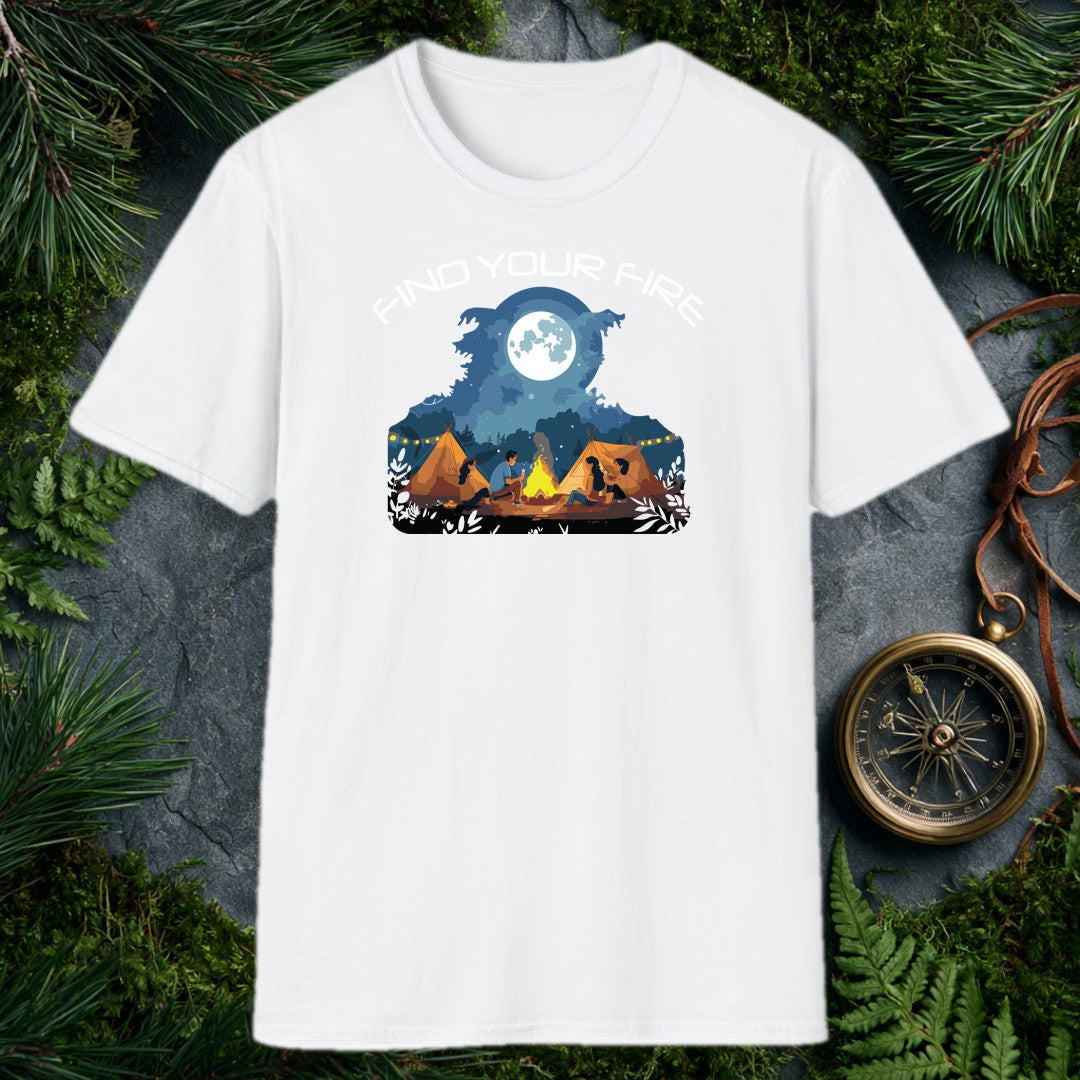 Four friends gathered around a crackling campfire, two canvas tents glowing warm behind them, a full moon rising over the pines — this one's for the person who…