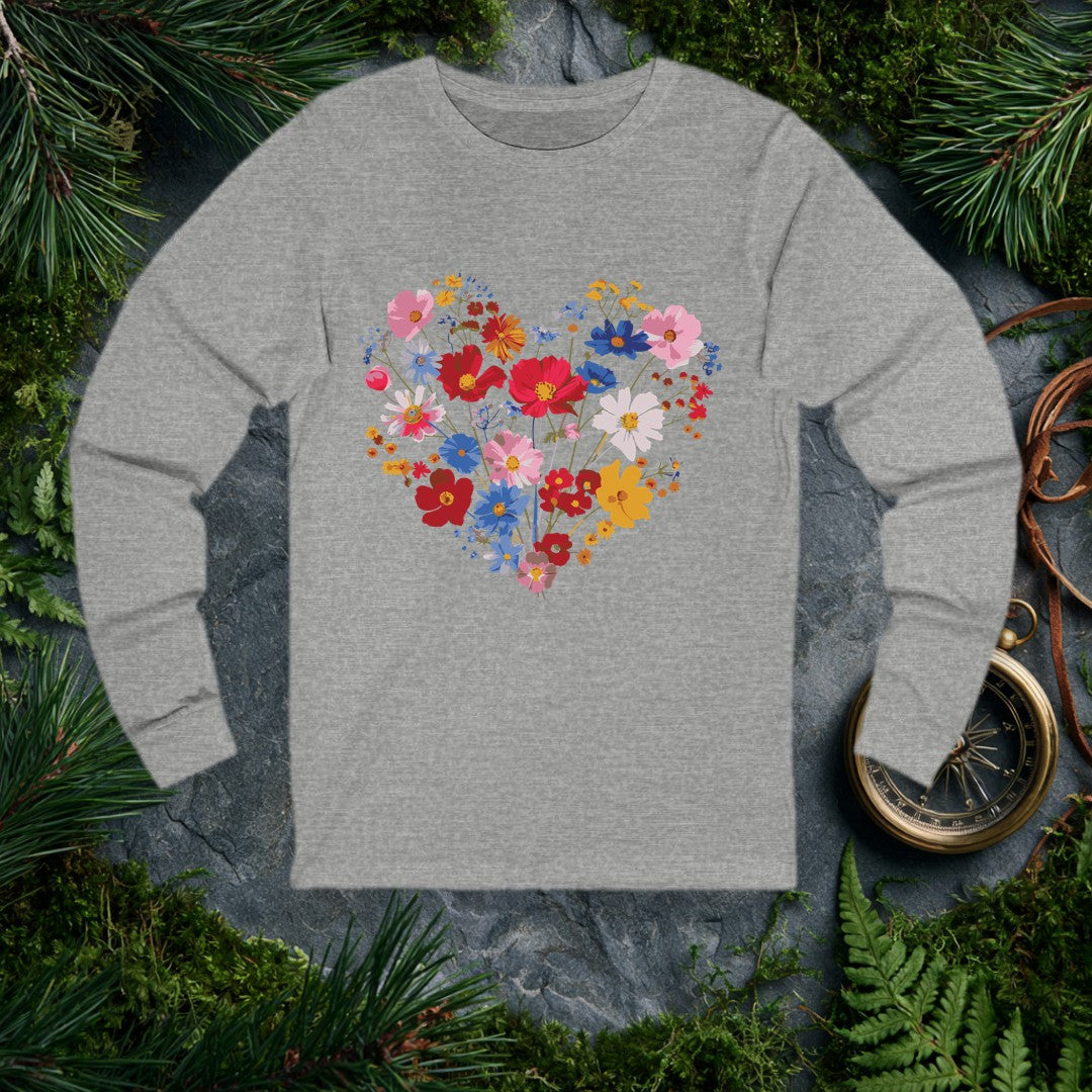 A generous heart built from cosmos, poppies, and wildflowers in red, blue, blush, and gold — the kind of bouquet someone who loves their garden gives to…