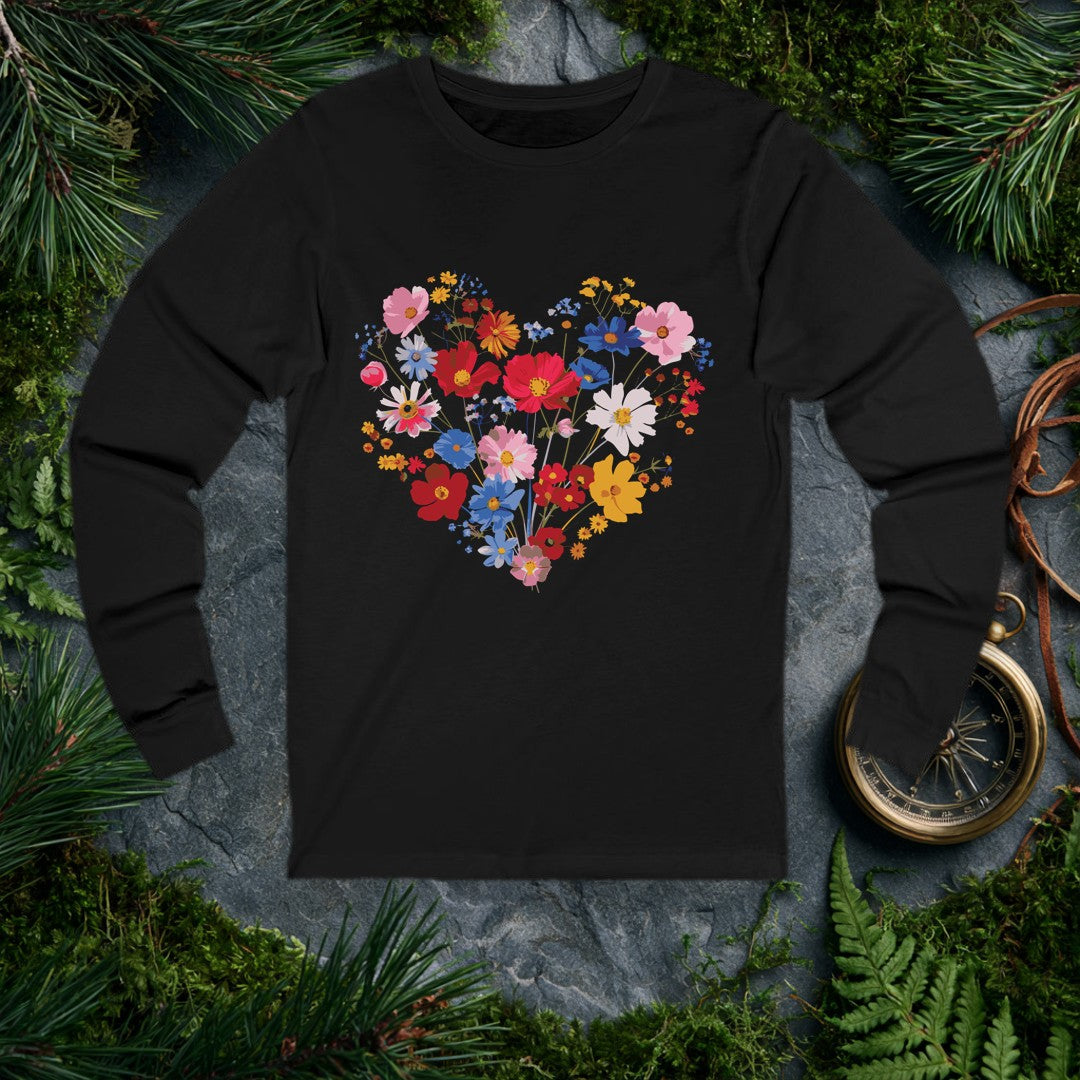 A generous heart built from cosmos, poppies, and wildflowers in red, blue, blush, and gold — the kind of bouquet someone who loves their garden gives to…