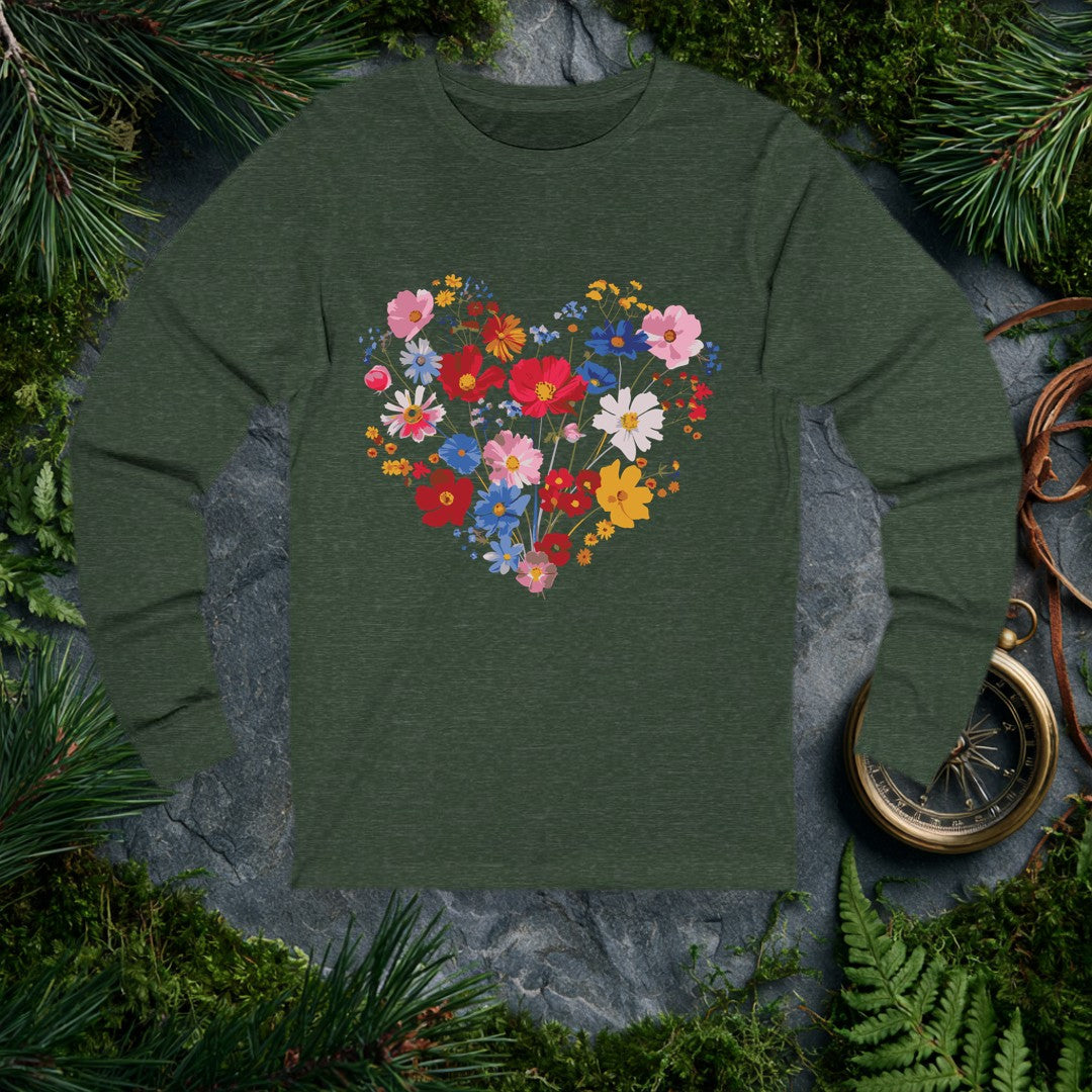 A generous heart built from cosmos, poppies, and wildflowers in red, blue, blush, and gold — the kind of bouquet someone who loves their garden gives to…
